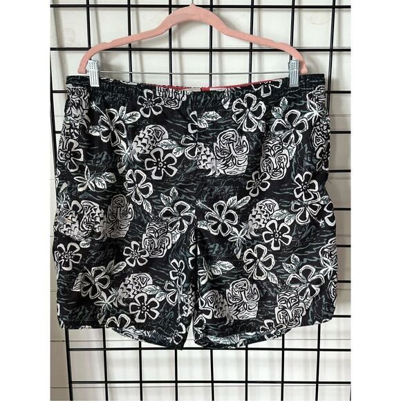 Hobie‎ Vintage Hawaiian Flower Swim Trunks Mens L Black Cargo Pocket - Picture 1 of 10